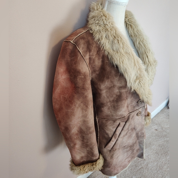 🥰 Vintage Y2K OUTBROOK "Penny Lane" Faux Suede/Faux Fur Overcoat, Distressed, M - Picture 12 of 16